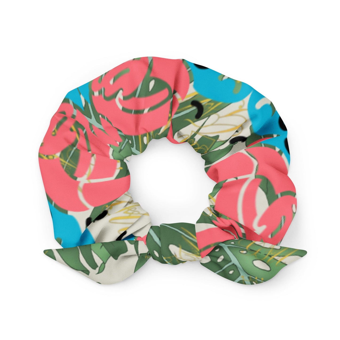 Flamingo with palm leaves Recycled Scrunchie