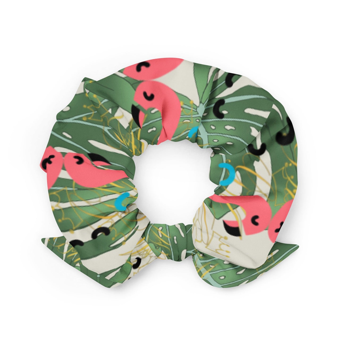 Flamingo with palm leaves Recycled Scrunchie