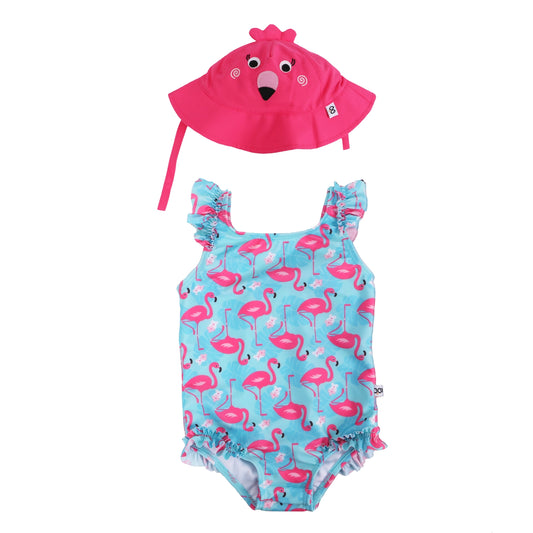Baby Ruffled Swimsuit & Sun Hat Set - Flamingo