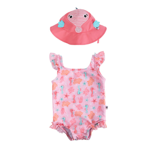 Baby Ruffled Swimsuit & Sun Hat Set - Seahorse