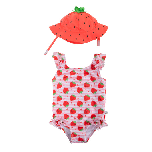 Baby Ruffled Swimsuit & Sun Hat Set - Strawberry