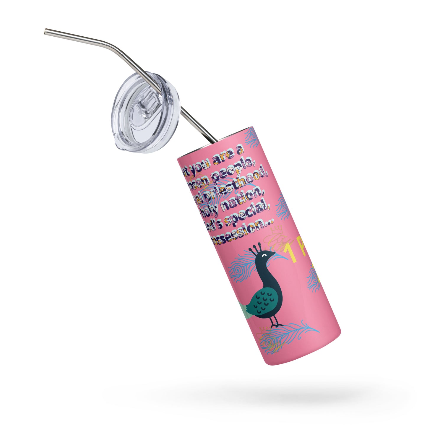 peacock with bible verse Stainless steel tumbler