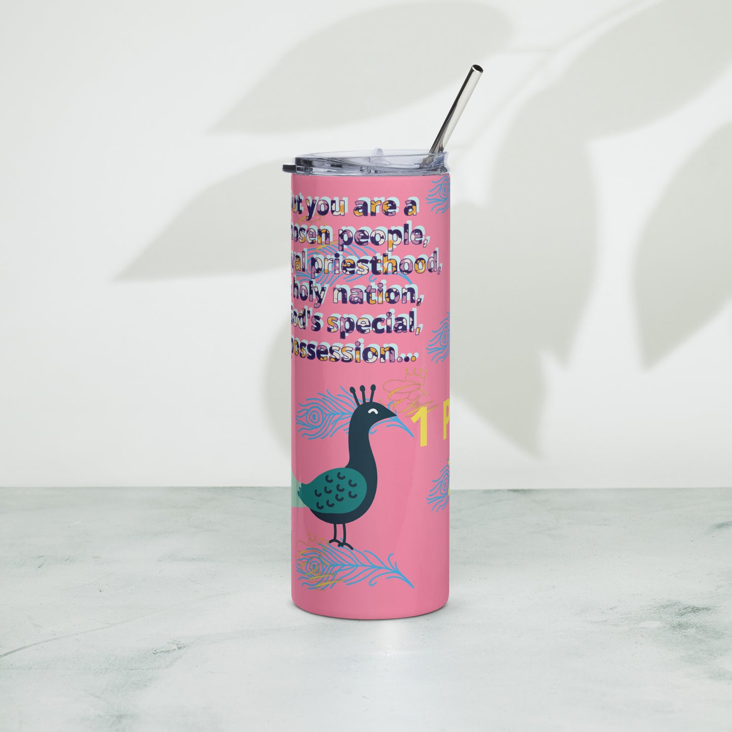 peacock with bible verse Stainless steel tumbler